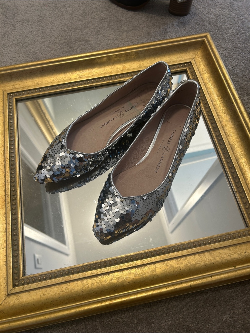 Chinese Laundry Silver Sequin Pointed Ballet Flats